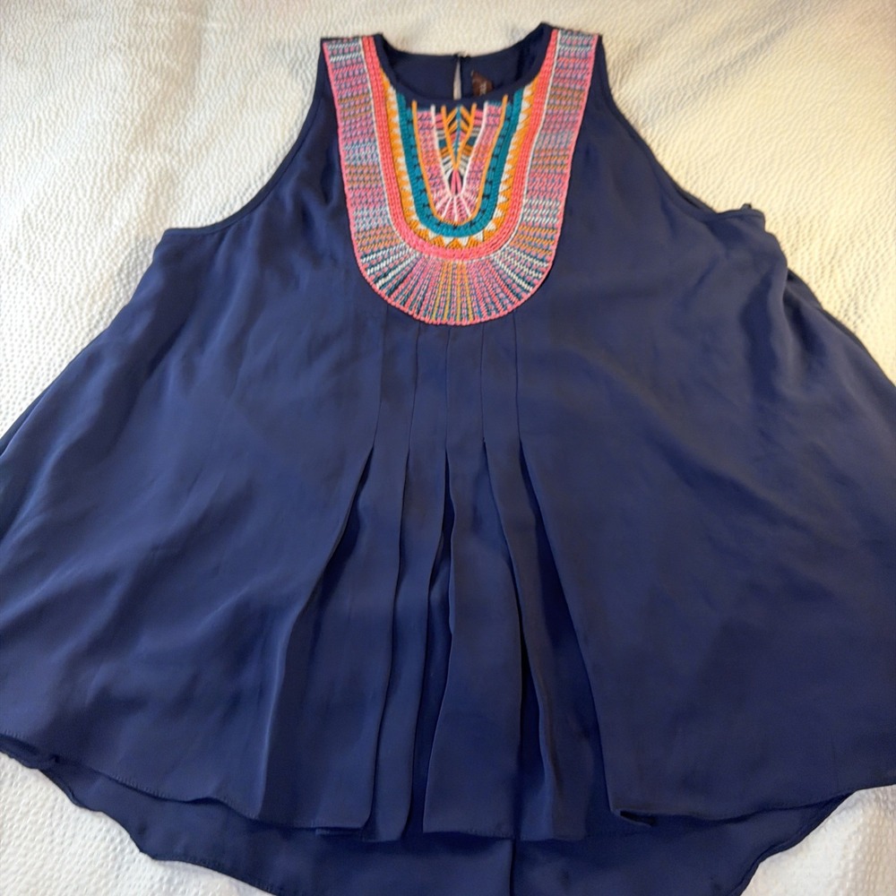 Ranna Gill Blouse Swing Top Embroidered Sleeveless Navy Size Small Boho